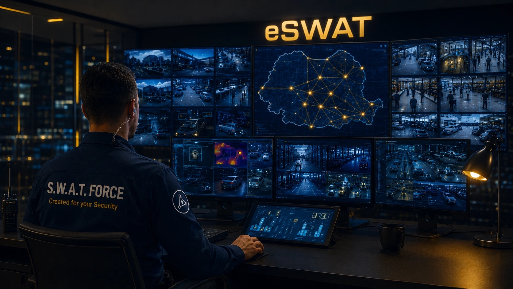 Dispecerat eSWAT — operator S.W.A.T. FORCE monitorizând fluxuri video, hărți și analize AI pe perete de monitoare