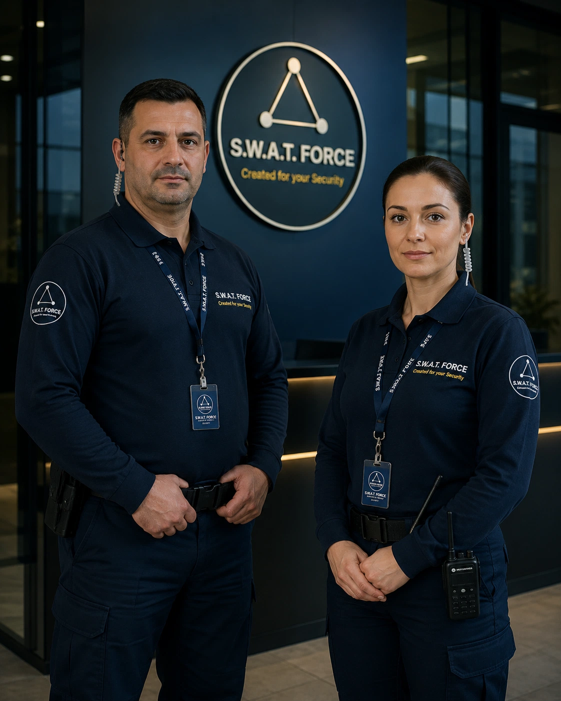 Agent SWAT FORCE în post de pază umană la obiectiv comercial